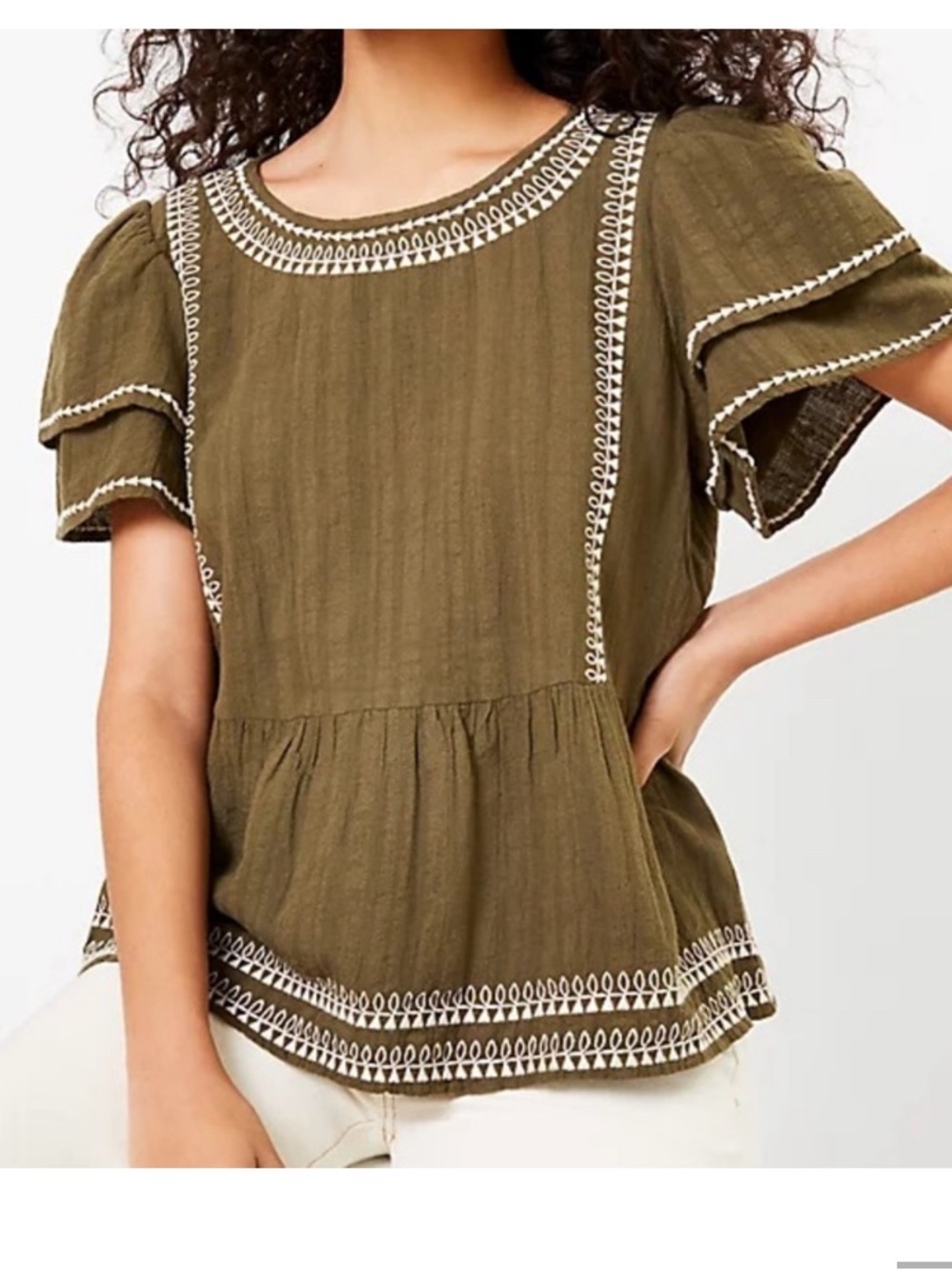 LOFT Olive Embroidered Flutter-Sleeve Peplum Top